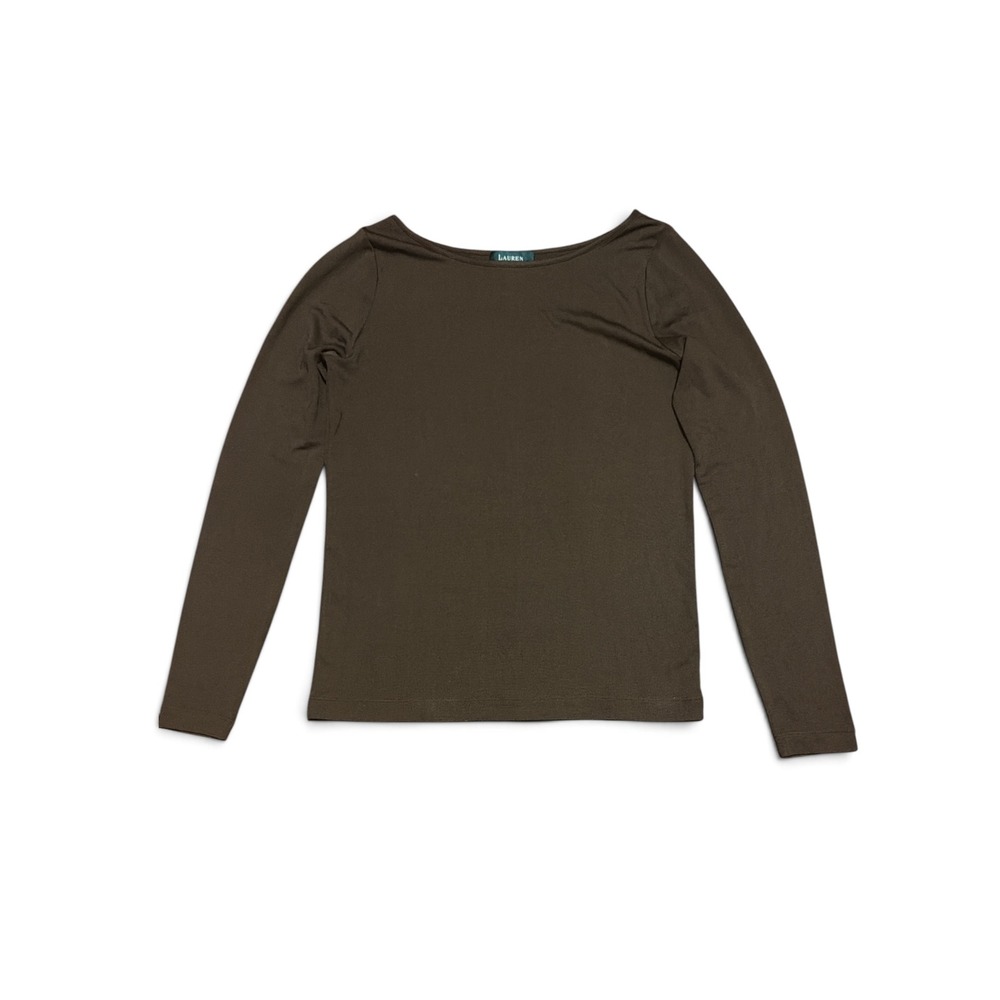 Lauren Ralph Lauren Brown Silk Blend Boat Neck Long Sleeve Top Small